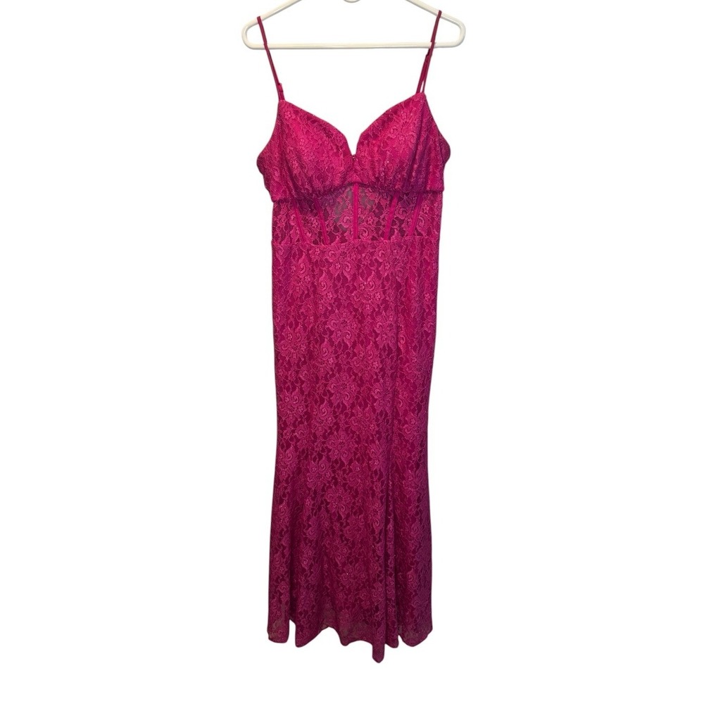 Morgan & Co Pink Lace Gown Corset Bodice MermaidSleeveless Formal Dress Sz 15